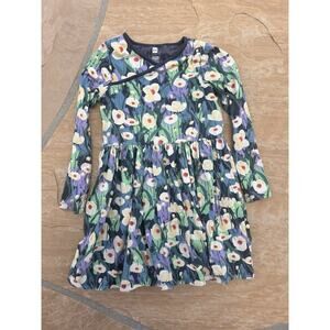 Tea Floral Dress sz 8 Long sleeve Crossover Navy Blue Green